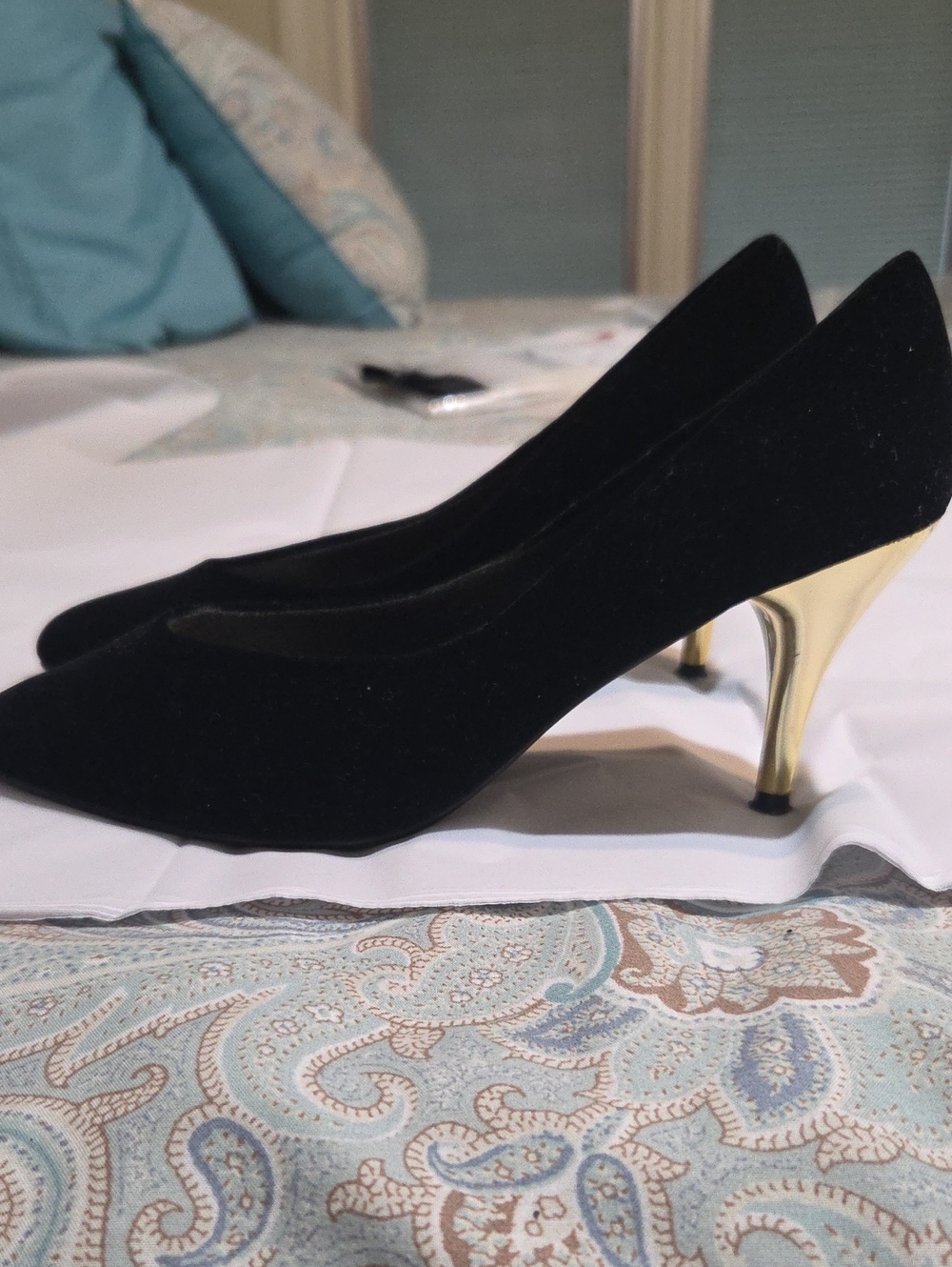 Giorgio Armani Black Velvet Pointed-Toe Pumps with Gold Stiletto Heels